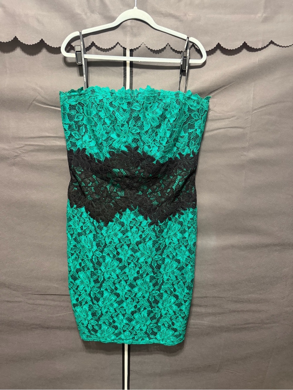 Tadashi Shoji Green and Black Strapless Lace Dress